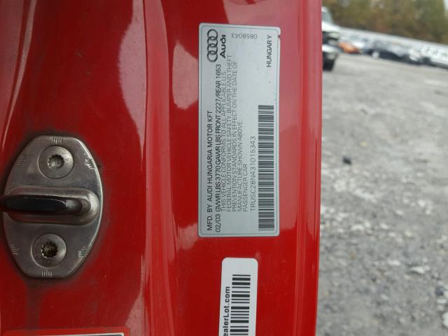 TRUSC28N431015343 - 2003 AUDI TT RED photo 10