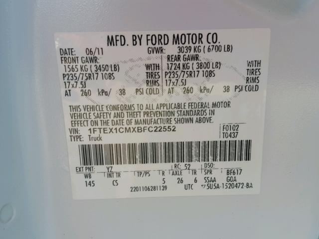 1FTEX1CMXBFC22552 - 2011 FORD F150 SUPER WHITE photo 10