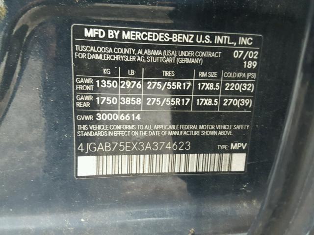 4JGAB75EX3A374623 - 2003 MERCEDES-BENZ ML 500 BLUE photo 10