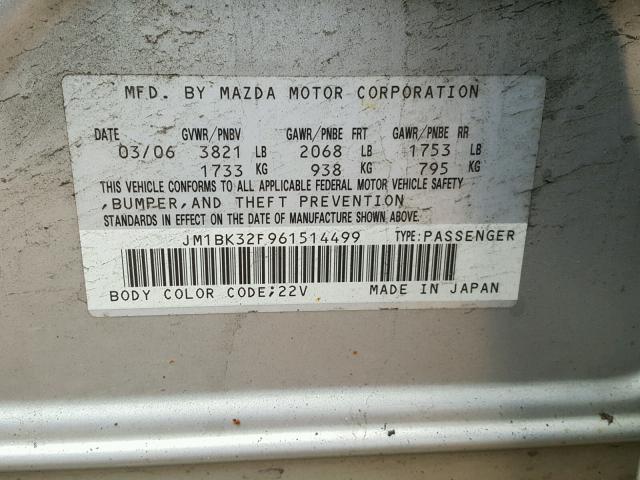 JM1BK32F961514499 - 2006 MAZDA 3 I SILVER photo 10