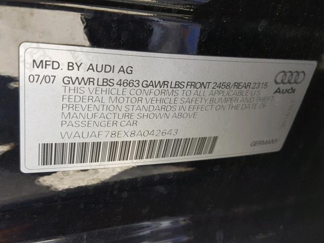 WAUAF78EX8A042643 - 2008 AUDI A4 2.0T BLACK photo 10