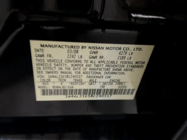 1N4AL21E58C240517 - 2008 NISSAN ALTIMA 2.5 BLACK photo 10