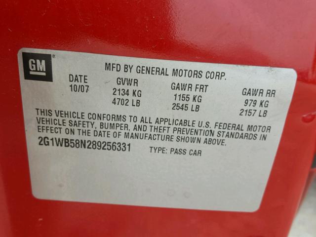 2G1WB58N289256331 - 2008 CHEVROLET IMPALA LS RED photo 10