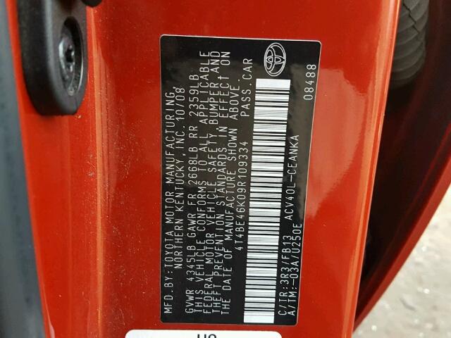 4T4BE46K09R109334 - 2009 TOYOTA CAMRY BASE წითელი ფოტო 10