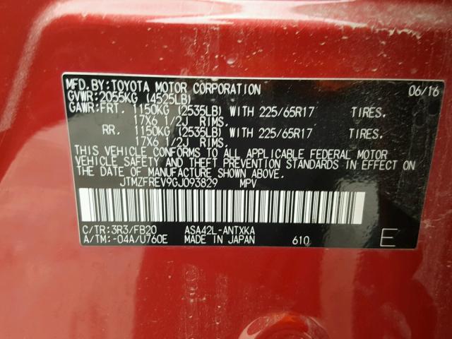 JTMZFREV9GJ093829 - 2016 TOYOTA RAV4 RED photo 10