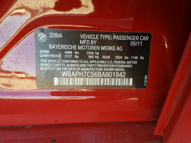 WBAPH7C56BA801842 - 2011 BMW 328 I RED photo 10