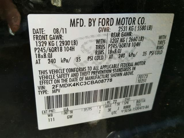 2FMDK4KC3CBA08778 - 2012 FORD EDGE LIMIT BLACK photo 10