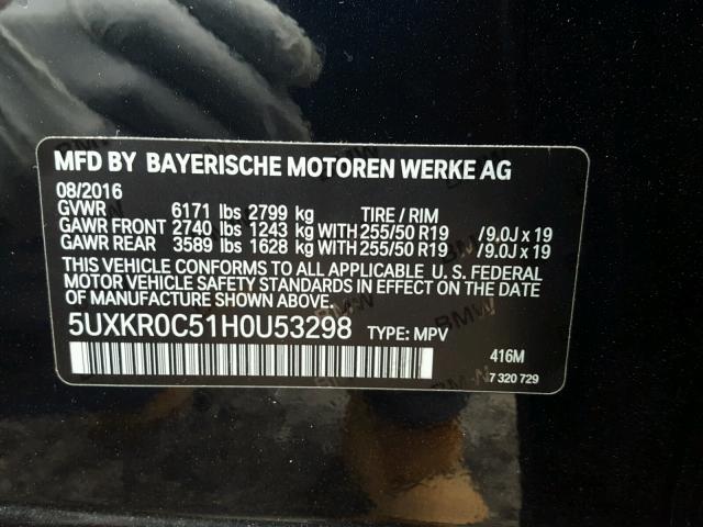 5UXKR0C51H0U53298 - 2017 BMW X5 XDRIVE3 BLACK photo 10