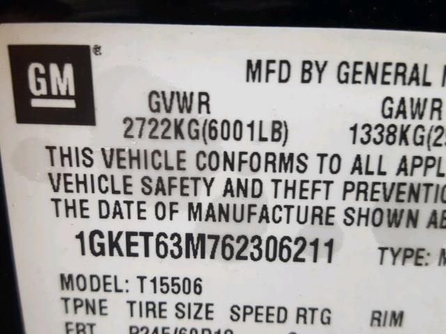 1GKET63M762306211 - 2006 GMC ENVOY DENA BLACK photo 10