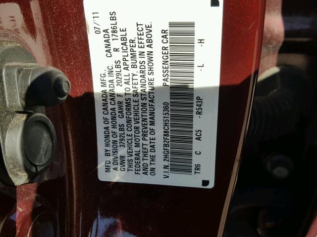 2HGFB2F88CH515360 - 2012 HONDA CIVIC EX ბურგუნდია ფოტო 10