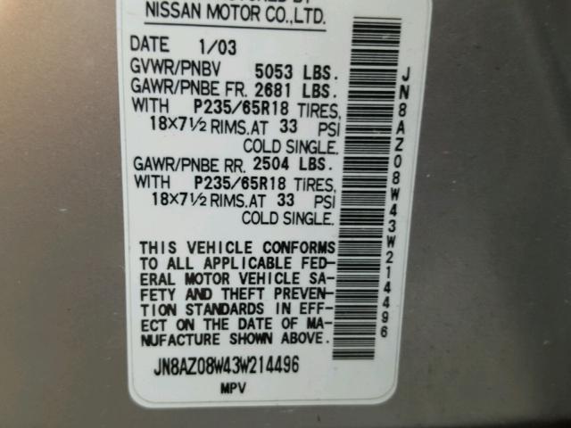 JN8AZ08W43W214496 - 2003 NISSAN MURANO SL SILVER photo 10