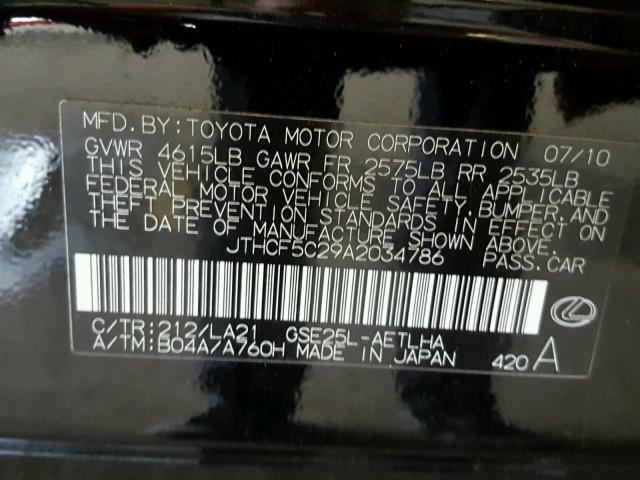 JTHCF5C29A2034786 - 2010 LEXUS IS 250 BLACK photo 10