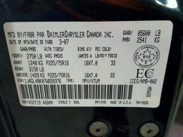 1J4GL48K07W659376 - 2007 JEEP LIBERTY BLACK photo 10