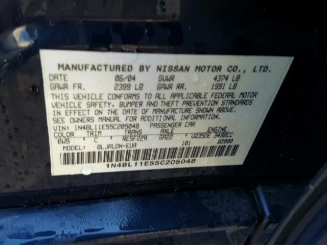 1N4BL11E55C205048 - 2005 NISSAN ALTIMA SE BLUE photo 10