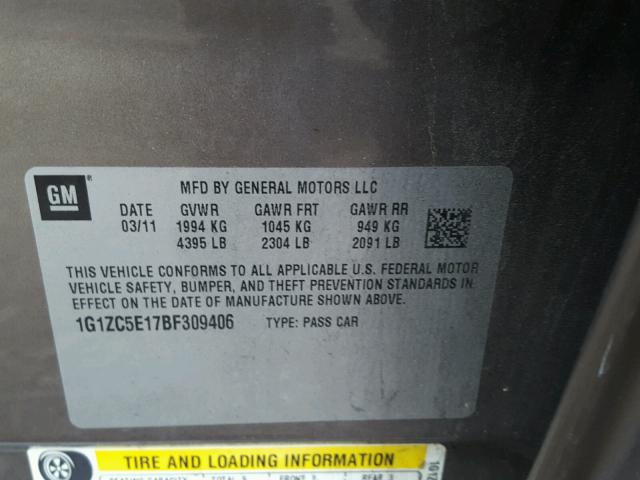 1G1ZC5E17BF309406 - 2011 CHEVROLET MALIBU 1LT ბეჟი ფოტო 10