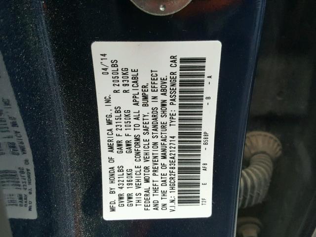 1HGCR2F83EA212714 - 2014 HONDA ACCORD EXL BLUE photo 10