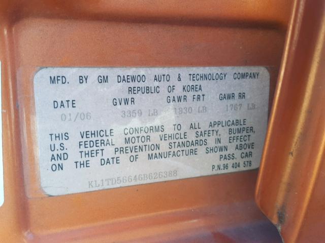 KL1TD56646B626388 - 2006 CHEVROLET AVEO BASE Қызғылт сары фото 10