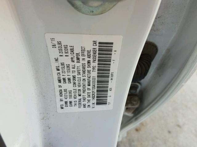 1HGCR2F72GA005001 - 2016 HONDA ACCORD EX WHITE photo 10