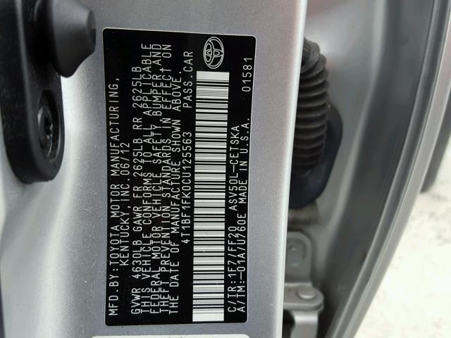 4T1BF1FK0CU125563 - 2012 TOYOTA CAMRY BASE SILVER photo 10