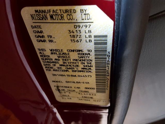 3N1AB41D8WL044575 - 1998 NISSAN SENTRA XE RED photo 10