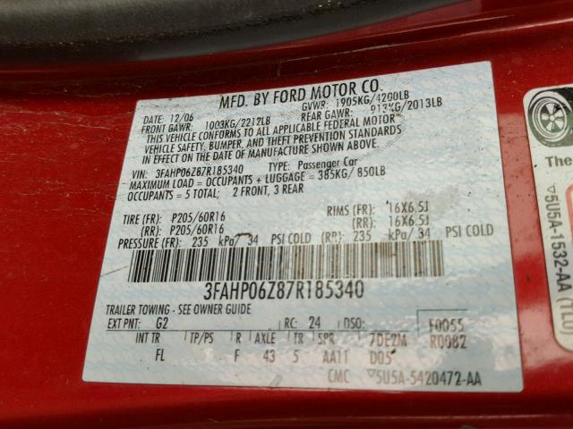 3FAHP06Z87R185340 - 2007 FORD FUSION S RED photo 10