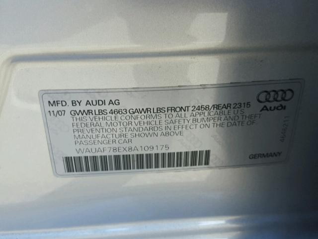 WAUAF78EX8A109175 - 2008 AUDI A4 2.0T SILVER photo 10