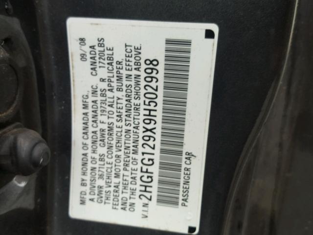 2HGFG129X9H502998 - 2009 HONDA CIVIC EXL GRAY photo 10