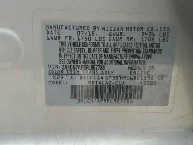 3N1CN7AP5FL957788 - 2015 NISSAN VERSA S SILVER photo 10