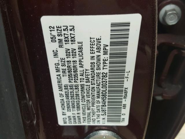 5J8TB4H58DL003782 - 2013 ACURA RDX TECHNO MAROON photo 10