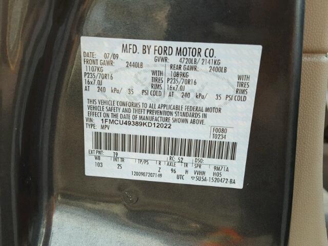 1FMCU49389KD12022 - 2009 FORD ESCAPE HYB CHARCOAL photo 10