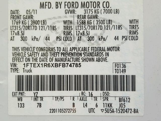 1FTEX1R6XBFB74785 - 2011 FORD F150 SVT R WHITE photo 10