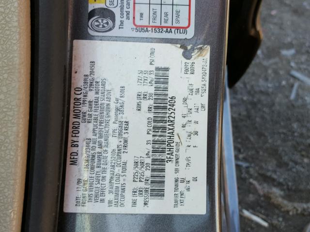 3FAHP0HAXAR252406 - 2010 FORD FUSION GRAY photo 10