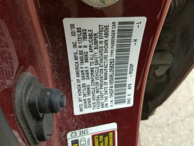 1HGFA16506L058263 - 2006 HONDA CIVIC LX RED photo 10