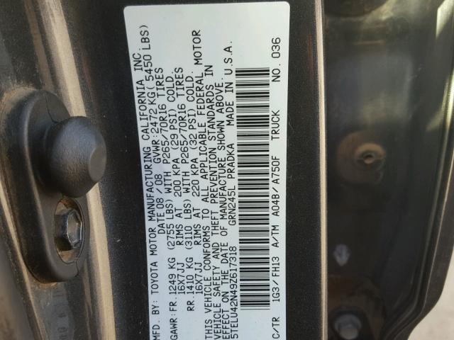 5TELU42N49Z617318 - 2009 TOYOTA TACOMA DOU GRAY photo 10