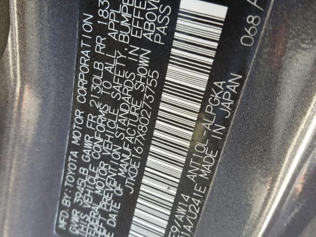 JTKDE167X80273755 - 2008 TOYOTA SCION TC 灰色 照片 10