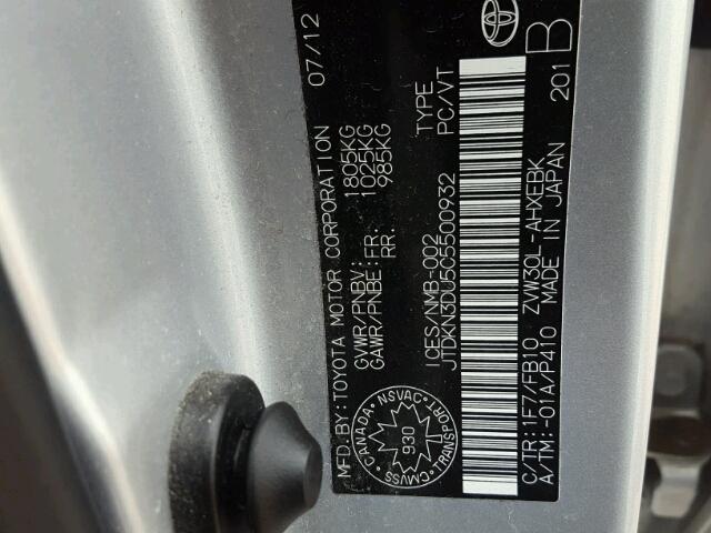 JTDKN3DU5C5500932 - 2012 TOYOTA PRIUS SILVER photo 10