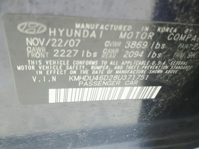 KMHDU46D28U371751 - 2008 HYUNDAI ELANTRA GL BLUE photo 10