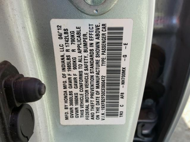 19XFB2F50CE060472 - 2012 HONDA CIVIC LX SILVER photo 10