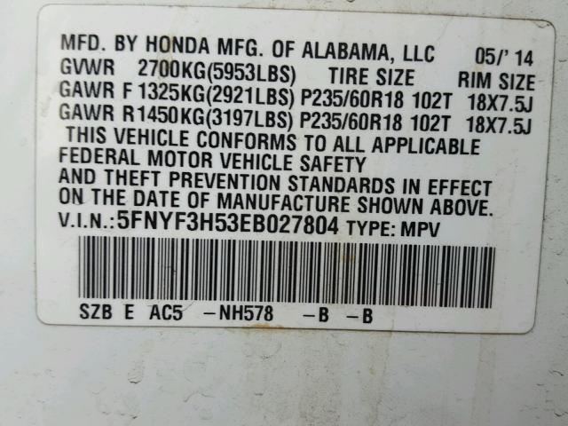 5FNYF3H53EB027804 - 2014 HONDA PILOT EXL WHITE photo 10