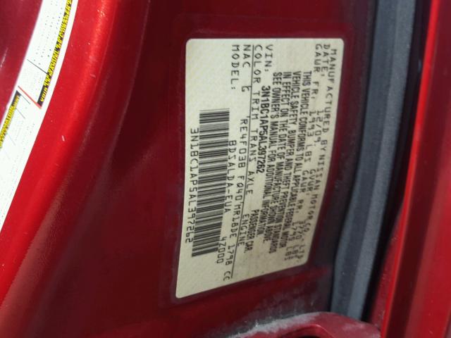 3N1BC1AP5AL397262 - 2010 NISSAN VERSA S RED photo 10