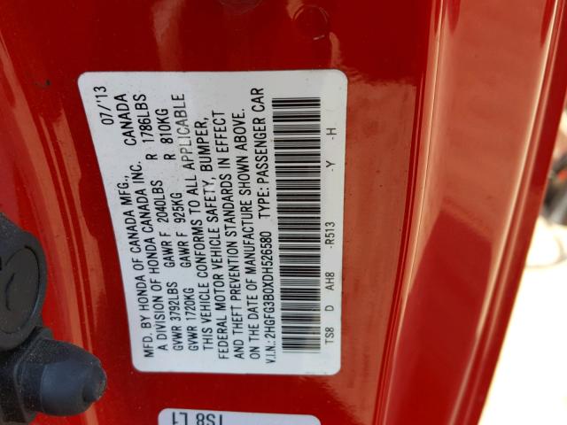 2HGFG3B0XDH526580 - 2013 HONDA CIVIC EXL წითელი ფოტო 10