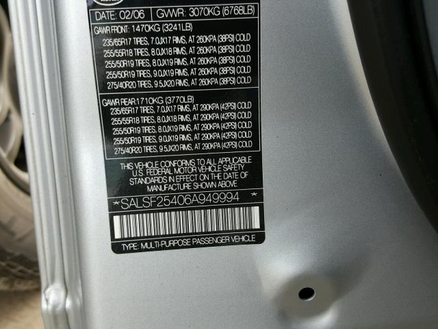 SALSF25406A949994 - 2006 LAND ROVER RANGE ROVE SILVER photo 10