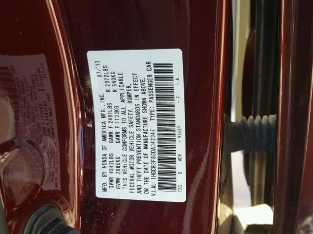 1HGCR3F80DA042347 - 2013 HONDA ACCORD EXL RED photo 10