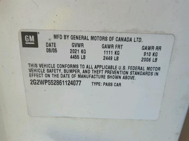 2G2WP552861124077 - 2006 PONTIAC GRAND PRIX თეთრი ფოტო 10