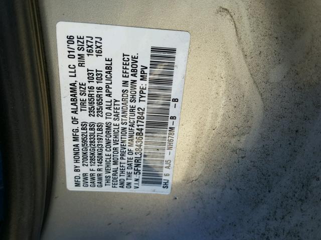 5FNRL38436B417842 - 2006 HONDA ODYSSEY SILVER photo 10