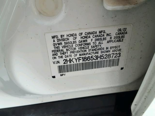 2HKYF18653H528723 - 2003 HONDA PILOT EXL WHITE photo 10