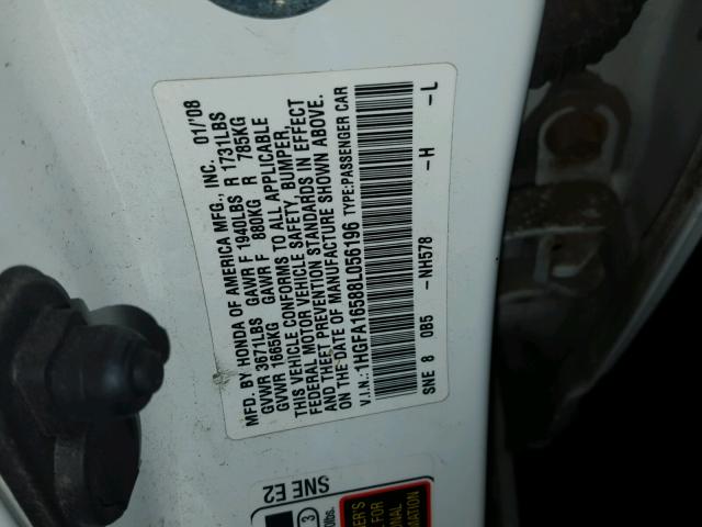 1HGFA16588L056196 - 2008 HONDA CIVIC WHITE photo 10