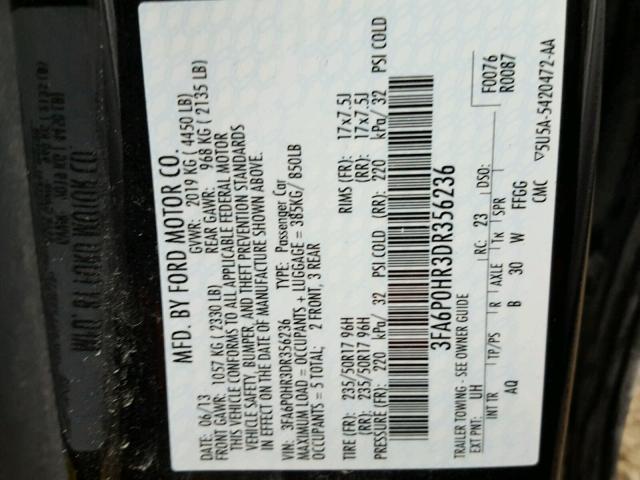 3FA6P0HR3DR356236 - 2013 FORD FUSION SE BLACK photo 10