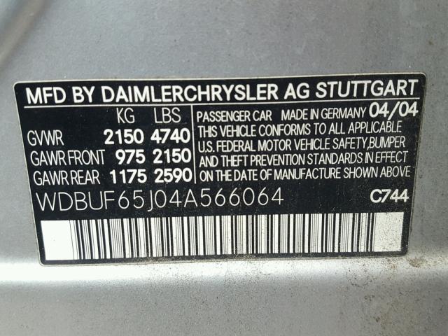 WDBUF65J04A566064 - 2004 MERCEDES-BENZ E 320 SILVER photo 10