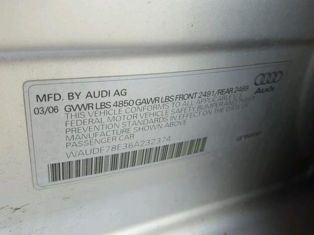 WAUDF78E36A232374 - 2006 AUDI A4 SILVER photo 10